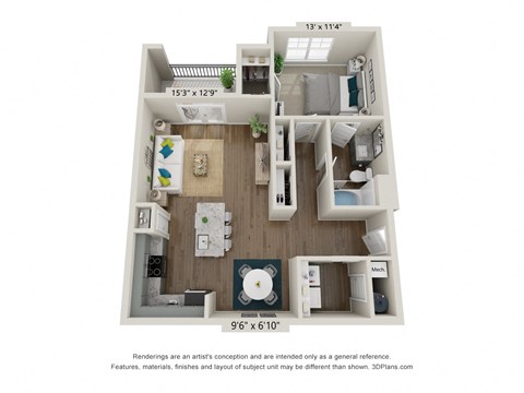 Floor plan for 1 bed, 1 bath, 813 sqft